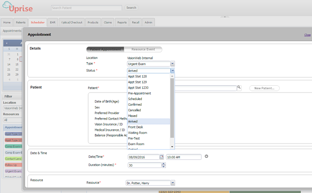 Appointment Status Drop-down in Uprise